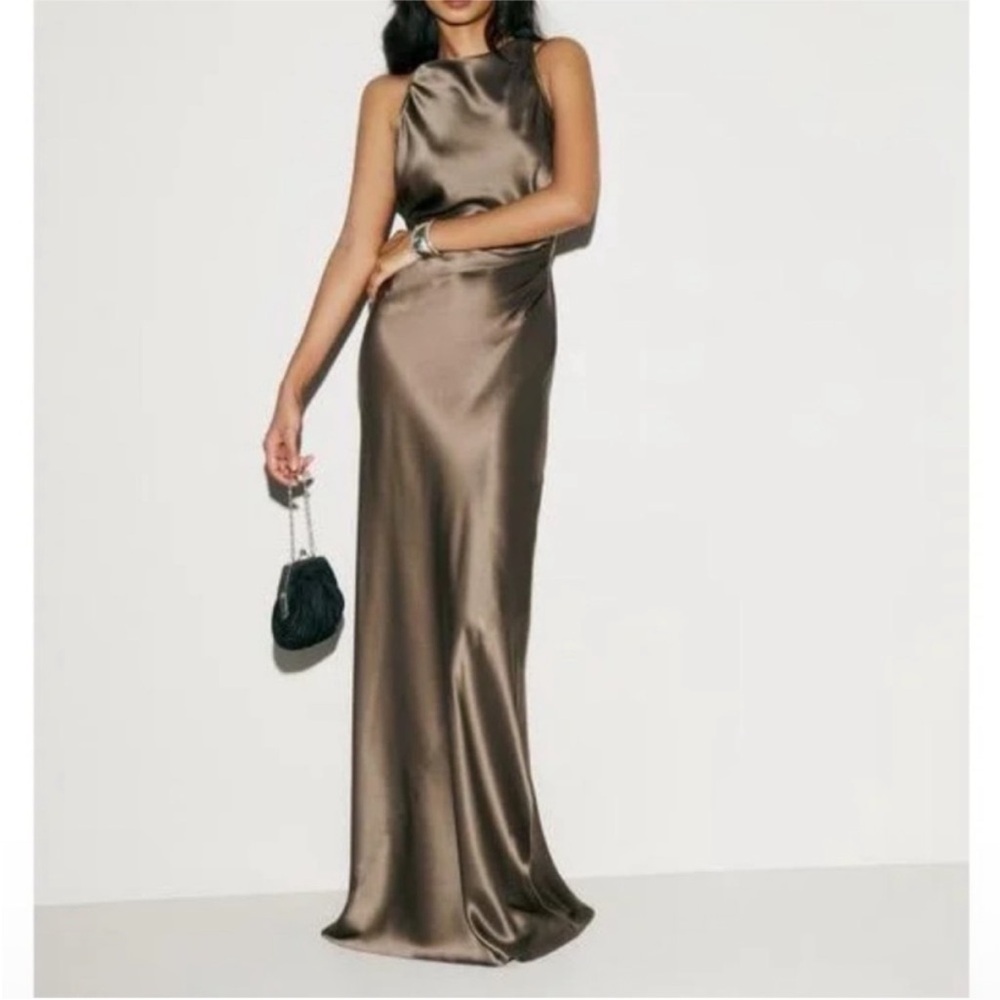 NWT Reformation Anaiis Morel Brown 100% Silk High Neck Open Back Maxi Dress Gown - Picture 8 of 15